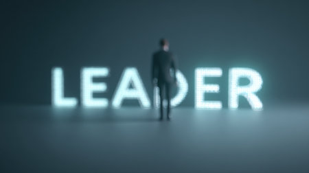 A man stands in front of a large sign that says "Leader". Concept of authority and leadership, as the man is positioned in front of the sign, which is the focal point of the image. The man's attireの素材