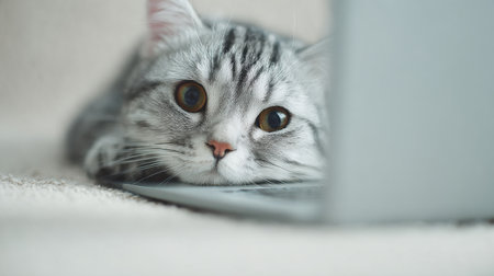 A cat is laying on a laptop, looking at the camera. The cat appears to be curious and interested in the cameraの素材