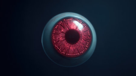 A close up of a red eye with a black background. The eye is glowing with a red lightの素材