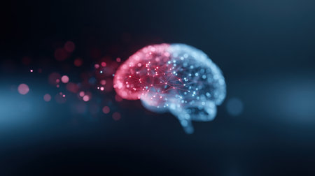 A brain with red and blue lines is shown in a black background. The brain is split into two halves, with the red half on the left and the blue half on the rightの素材