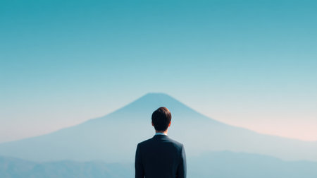 A man in a suit stands in front of a mountain. The sky is clear and blue, and the man is looking up at the mountain. Concept of awe and wonder at the beauty of natureの素材