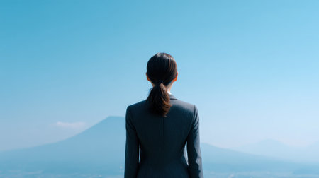 A woman in a business suit stands in front of a mountain range. The sky is clear and blue, and the woman is looking off into the distance. Concept of solitude and contemplationの素材