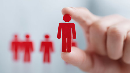 A hand holding up a red figure of a man in front of other figures. Concept of importance and leadership, as the man is being held up as the central figureの素材