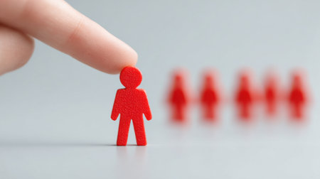 A hand is holding a red figurine of a person. The figurine is surrounded by five other red figurines. Concept of importance and leadership, as the person figurine is being singled outの素材
