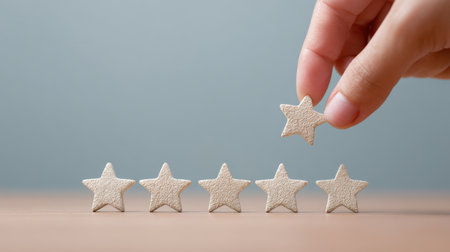 A hand is holding a star and placing it on top of a row of five other stars. Concept of accomplishment and recognition, as the hand is placing the star on top of the othersの素材