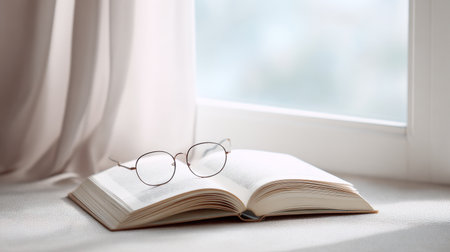 A book is open on a table with a pair of glasses on top of it. The scene is peaceful and relaxing, as the bookの素材
