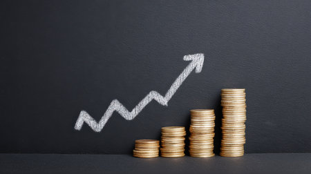 A chalk drawing of a graph with a line going up and a stack of coins on the right sideの素材
