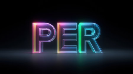 The word PER is written in neon colors on a black background. The colors are bright and vibrant, giving the impression of a futuristic or futuristic-inspired designの素材