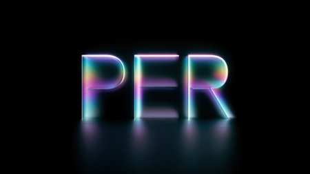 The word PER is displayed in neon colors on a black background. The image has a futuristic and vibrant feel to it, with the letters appearing to be glowing and floating in the airの素材