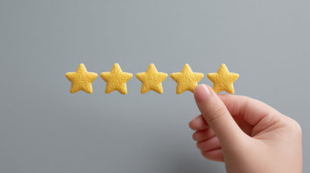 A hand holding five gold stars. The stars are arranged in a row, with the first star being the largest and the last star being the smallestの素材