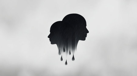 A black and white image of two faces with raindrops falling on them. Scene is somber and melancholicの素材