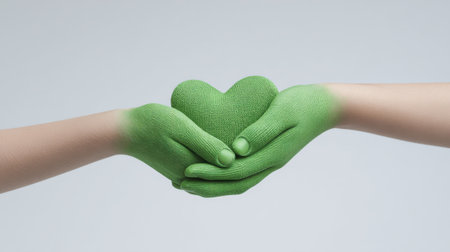 Two hands holding a green heart. The heart is surrounded by green paint, giving it a vibrant and lively appearance. Concept of unity and love, as the two hands are intertwinedの素材