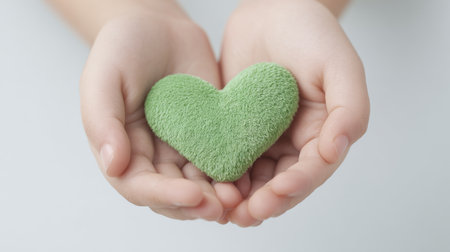 A person is holding a green heart in their hands. The heart is made of a fuzzy material and is green in color. Concept of warmth and love, as the person is holding the heart close to their chestの素材