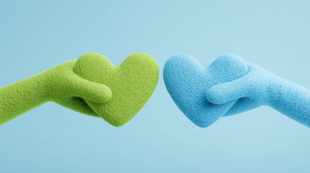 Two green and blue plush hearts are holding hands. Concept of warmth and affectionの素材