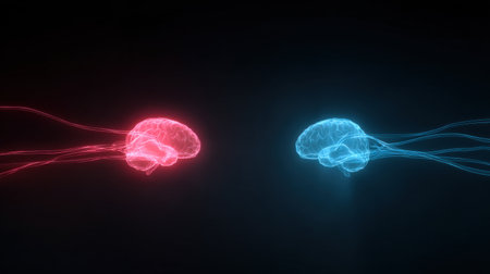 Two brains are shown in a blue and red color scheme. The blue brain is on the left and the red brain is on the rightの素材