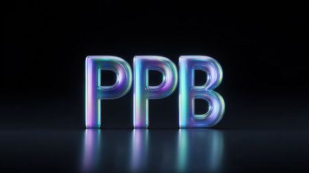A set of three letters, P, P, and B, in a neon green, blue, and purple color scheme. The letters are floating in the air, creating a sense of movement and energyの素材