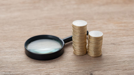 A magnifying glass is on a wooden table with two stacks of gold coins. The coins are piled on top of each other, and the magnifying glass is positioned between themの素材