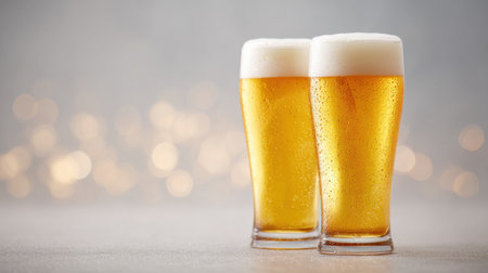 Two glasses of beer are on a table. The glasses are full and have a foamy head. Concept of relaxation and enjoyment, as the two glasses of beer are a common beverage for socializing and unwindingの素材