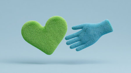 A green heart and a blue glove are touching each other. The heart is made of grass and the glove is made of fuzzy material. Concept of warmth and comfort, as if the heartの素材
