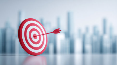 A red target with a red arrow pointing to it. The target is surrounded by a cityscape in the backgroundの素材