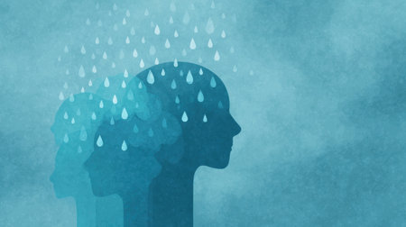 A painting of three heads with raindrops on them. The mood of the painting is sad and melancholicの素材