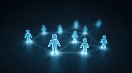 A group of people are connected by a network of lines. The people are all different sizes and are standing in different positions. Concept of unity and connection among the peopleの素材