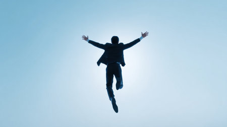 A man is jumping in the air with his arms outstretched. Concept of freedom and excitementの素材