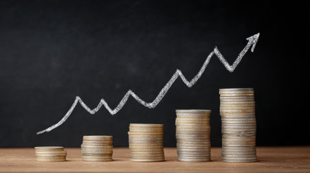 A chart of coins stacked on top of each other with a line going up. The coins are of different denominations and the chart shows a growth in valueの素材