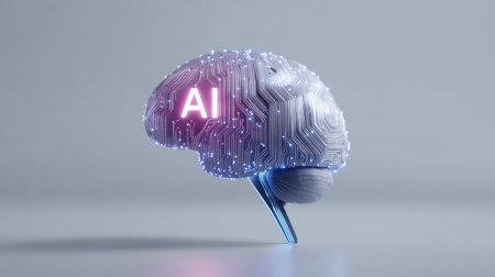 A brain with a pink and blue AI symbol on it. The brain is surrounded by wires and circuitsの素材