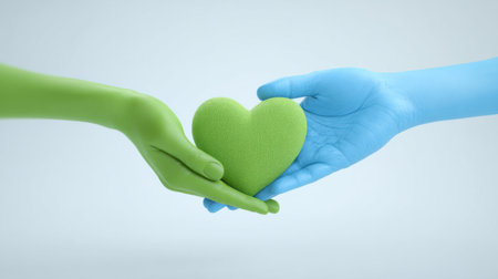 Two hands holding a green heart. The heart is surrounded by a green and blue color. The image conveys a message of love and careの素材