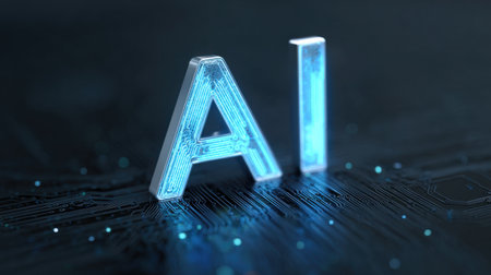 A blue and silver letter A is on a black background. The letter is surrounded by a blue and silver circuit board. Concept of technology and innovationの素材