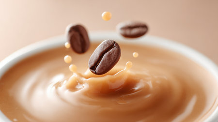 A cup of coffee with three coffee beans floating in it. The coffee is brown and the beans are scattered throughout the liquidの素材