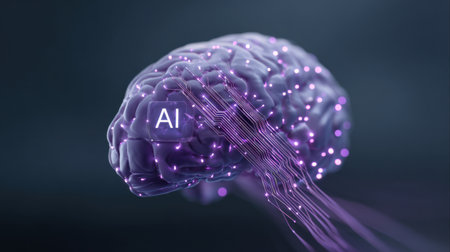 A brain with purple wires coming out of it and the word AI on it. The brain is shown in a way that it is connected to a computerの素材