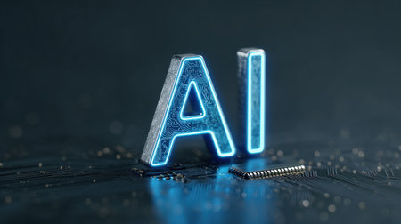 A blue and silver letter A with a silver and blue letter I. The letters are surrounded by a metallic surface, giving the impression of a futuristic or high-tech design. Scene is one of innovationの素材