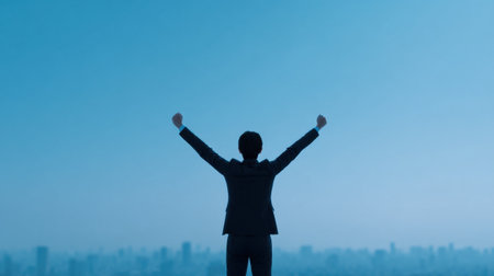 A man in a suit is standing on a rooftop, looking out over a city. He is holding his arms up in the air, as if celebrating something. Scene is one of triumph and successの素材