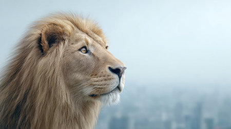 A lion with a long mane stands in front of a city skyline. The lion's gaze is directed towards the city, creating a sense of curiosity and wonder. The image evokes a feeling of aweの素材