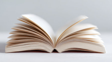 A book is laid open on a white surface, revealing a page with a white background. The book is open to a page with a white background, and the pages are spread out, creating a sense of depthの素材