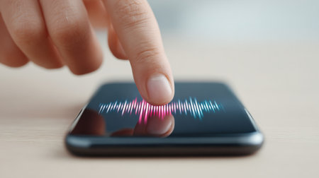A person is pointing at a cell phone screen with a red and pink sound wave. Concept of excitement and curiosity as the person is drawn to the soundの素材