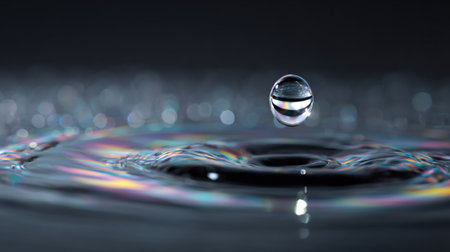 A drop of water is falling into a body of water. The water is clear and the drop is smallの素材