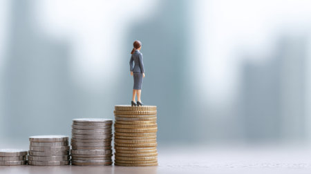 A woman stands on top of a stack of coins, symbolizing her success and financial stability. Concept of empowerment and achievement, as the woman is depicted as a strongの素材