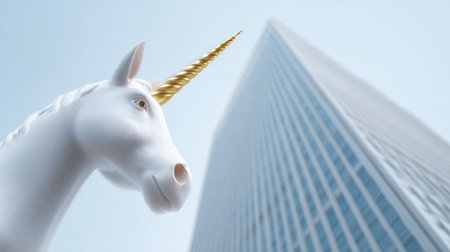 A unicorn is standing in front of a tall building. The unicorn is white and has a golden horn. The building is tall and has many windows. The image has a whimsical and playful moodの素材