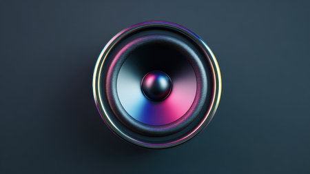 A colorful speaker with a blue and purple center. The speaker is surrounded by a silver rim. The speaker is designed to look like a piece of artの素材
