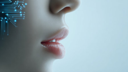 A woman's face with a computer chip on her nose. The image conveys a futuristic and technological vibeの素材