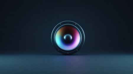 A colorful speaker is on a dark background. The speaker is surrounded by a rainbow of colors, making it look like a piece of art. Scene is vibrant and livelyの素材