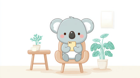 A cartoon koala is sitting in a chair and holding a cell phone. The room is decorated with potted plants and a vase. Scene is lighthearted and playfulの素材