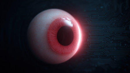 A close up of a red eye with a black background. The eye is surrounded by a red glow, giving it a mysterious and eerie appearanceの素材