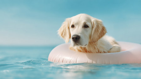 A dog is laying on a pink inflatable pool in the water. The dog is looking at the cameraの素材
