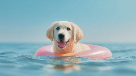 A dog is in a pink inflatable ring in the ocean. The dog is smiling and he is enjoying the waterの素材