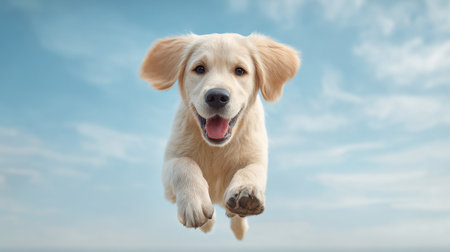A dog is jumping in the air with its tongue out. The dog is happy and playful. The sky is blue and clear, providing a bright and cheerful backdrop for the dog's joyful momentの素材