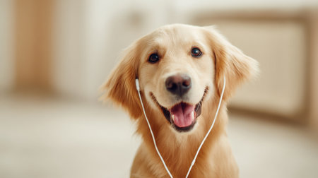 A dog is wearing headphones and smiling. The dog is wearing headphones and he is happy. The headphones are white and are on the dog's headの素材